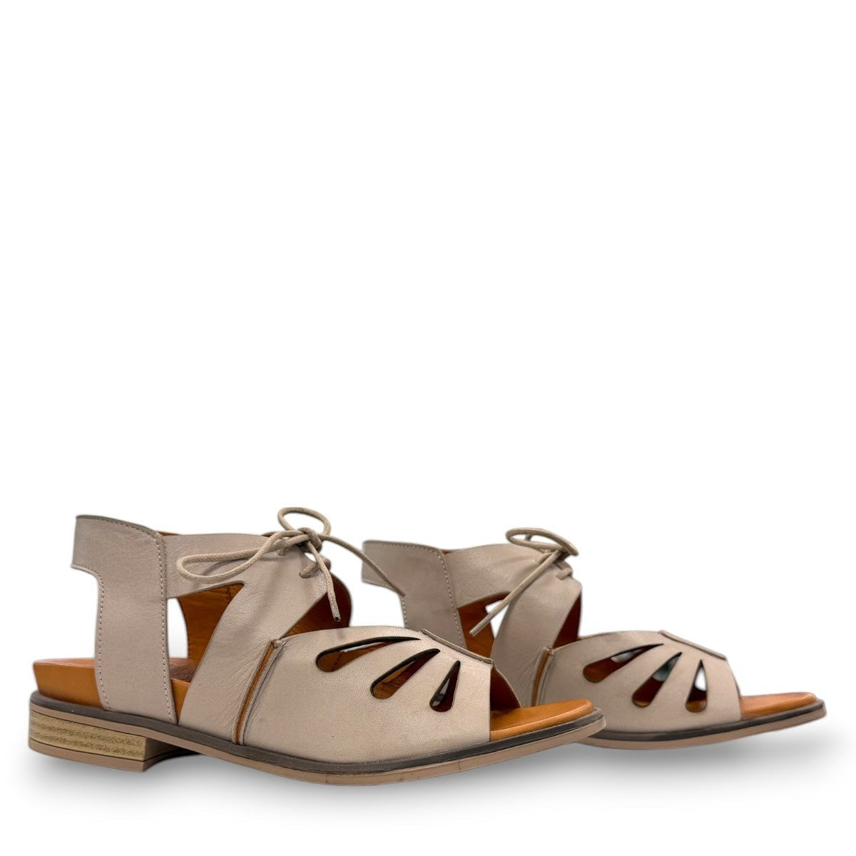 Roamers Vienna silver grey leather sandals with lace-up closure and cut-out floral toe detail.
photo of the right side
