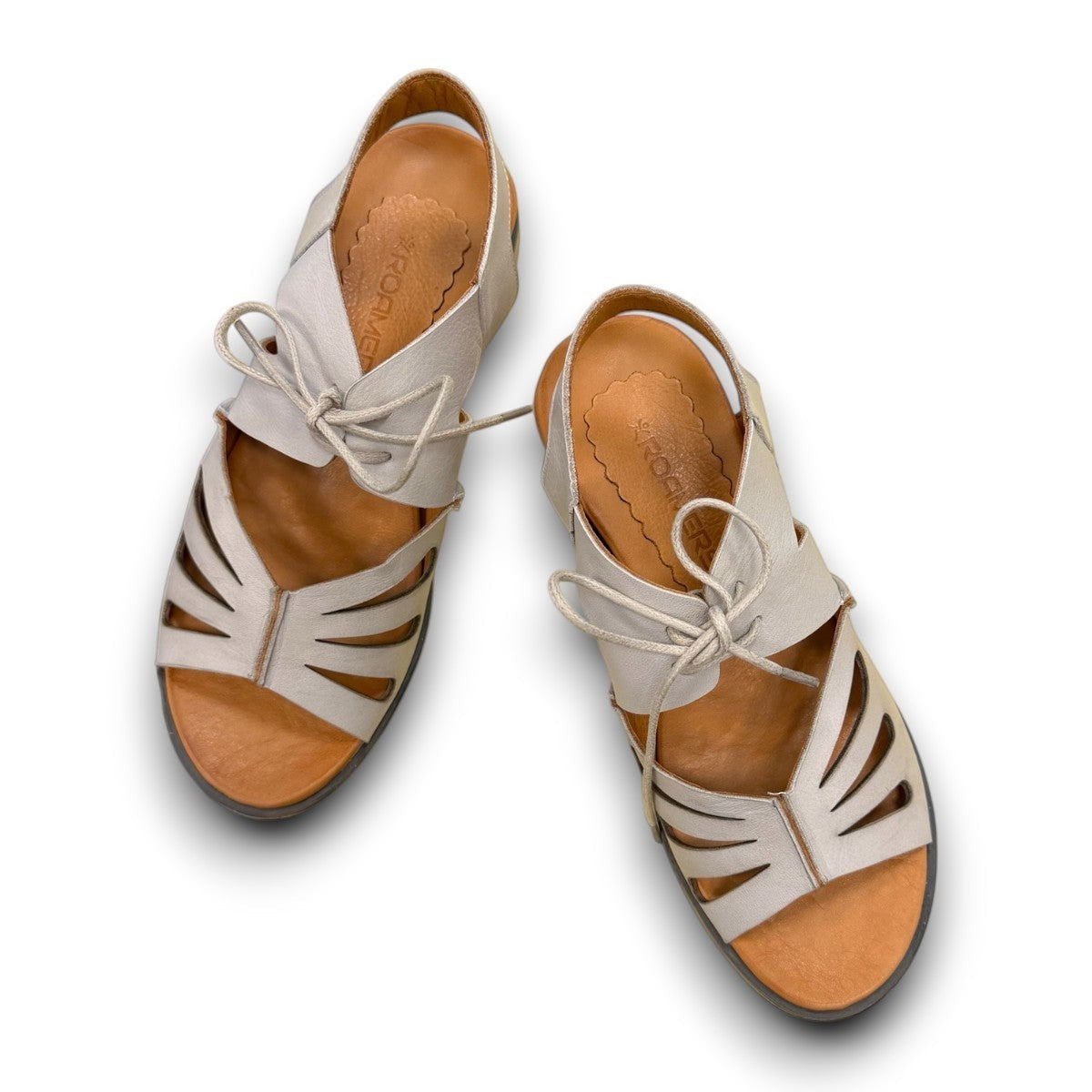 Roamers Vienna silver grey leather sandals with lace-up closure and cut-out floral toe detail.
photo of the top side