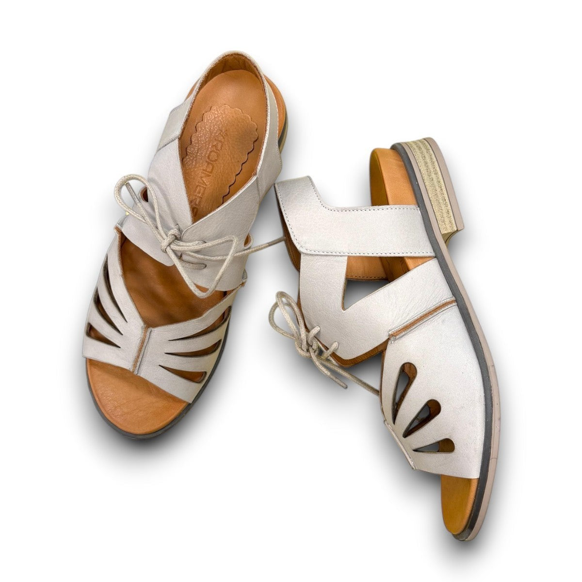Roamers Vienna silver grey leather sandals with lace-up closure and cut-out floral toe detail.
photo of the top side