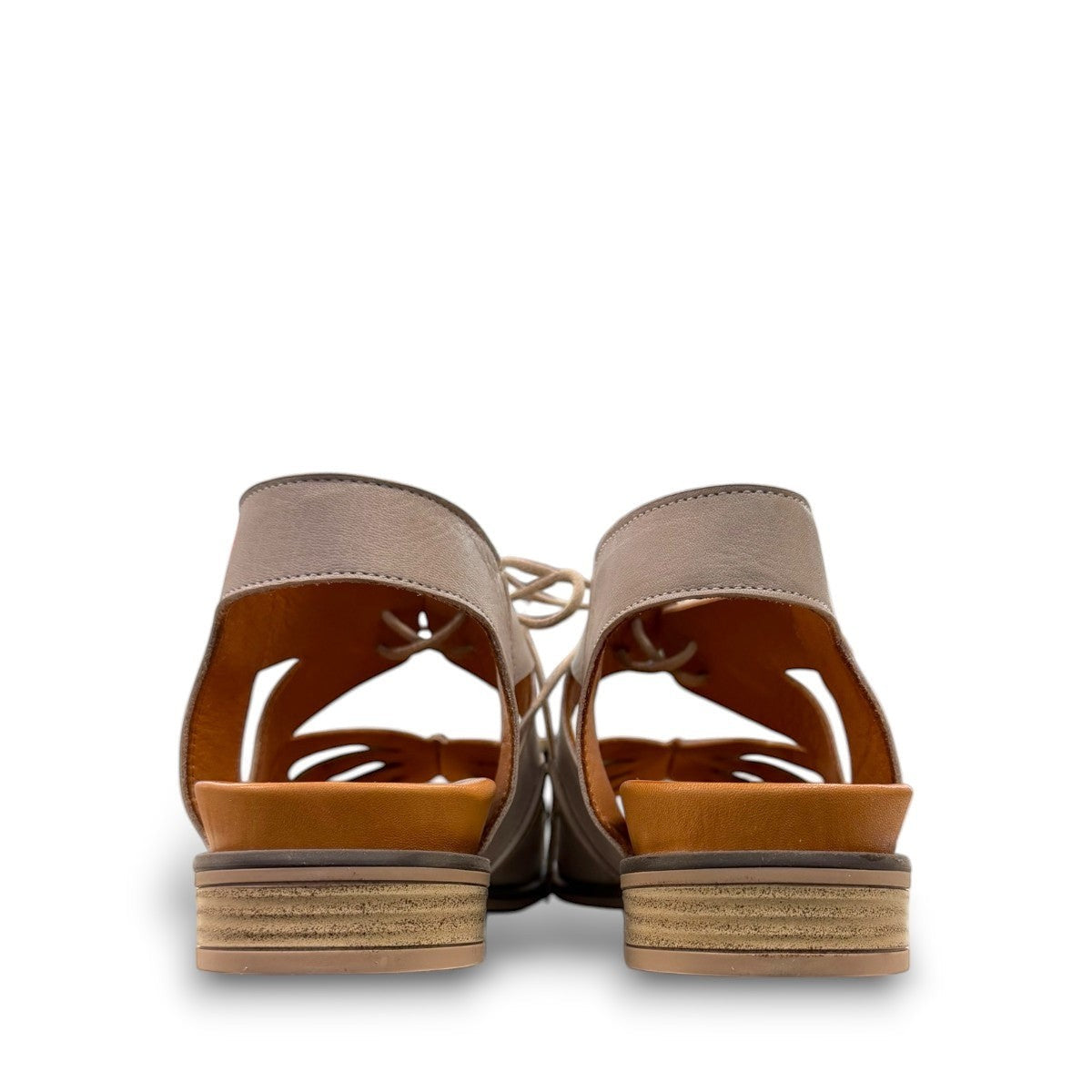 Roamers Vienna silver grey leather sandals with lace-up closure and cut-out floral toe detail.
photo of the back side