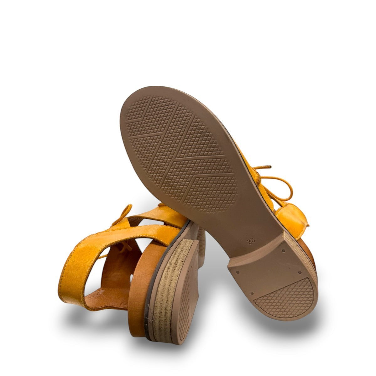 Roamers Vienna yellow leather sandals with lace-up closure, cut-out toe detail, and low block heel.
photo of the bottom side