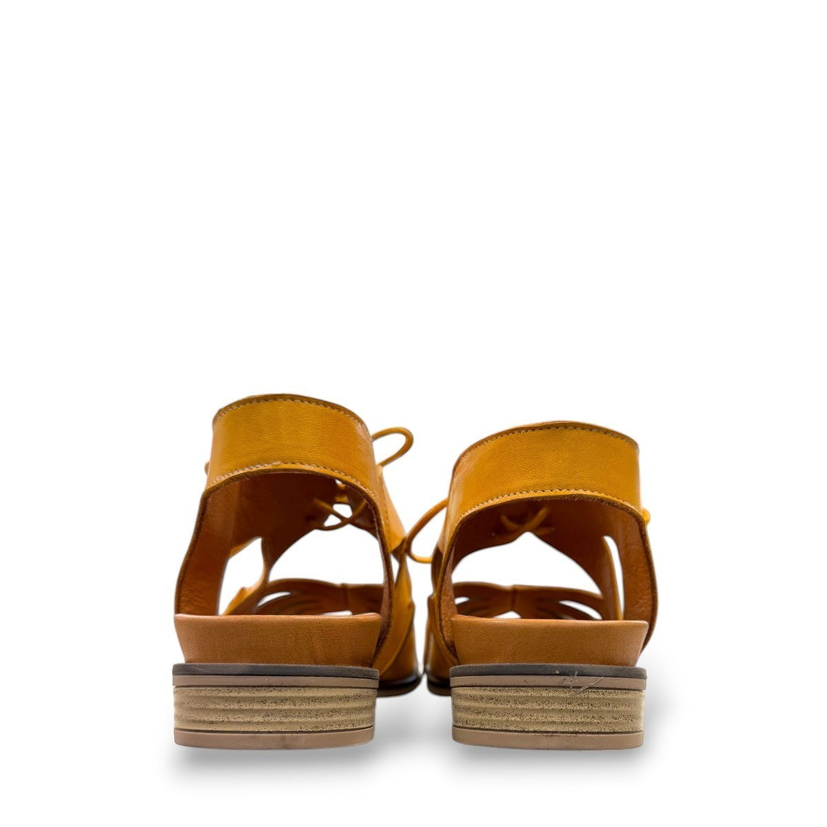 Roamers Vienna yellow leather sandals with lace-up closure, cut-out toe detail, and low block heel.
photo of the back side