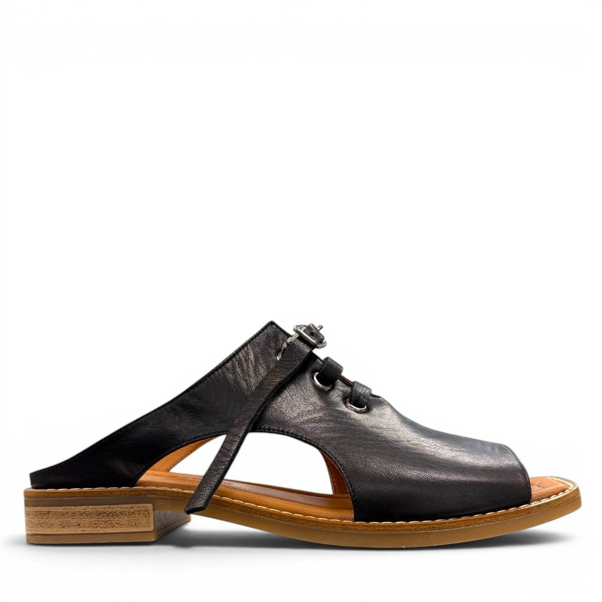 Roamers Whitney black leather backless sandal with lace-up detail and low rubber heel.
photo of the right side