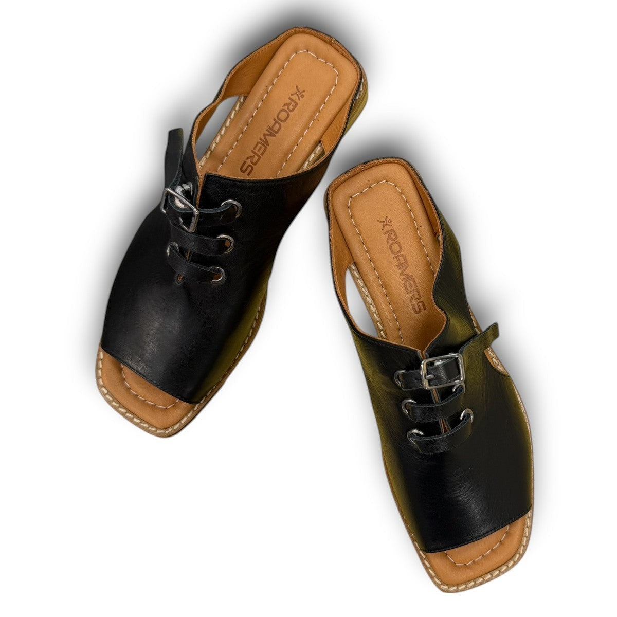 Roamers Whitney black leather backless sandal with lace-up detail and low rubber heel.
photo of the top side
