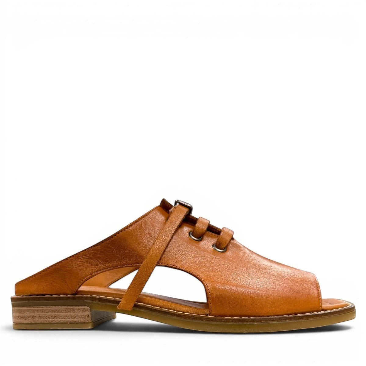 Roamers Whitney backless leather sandals in coconut brown with slip-on design and lace-up detail.
photo of the right side