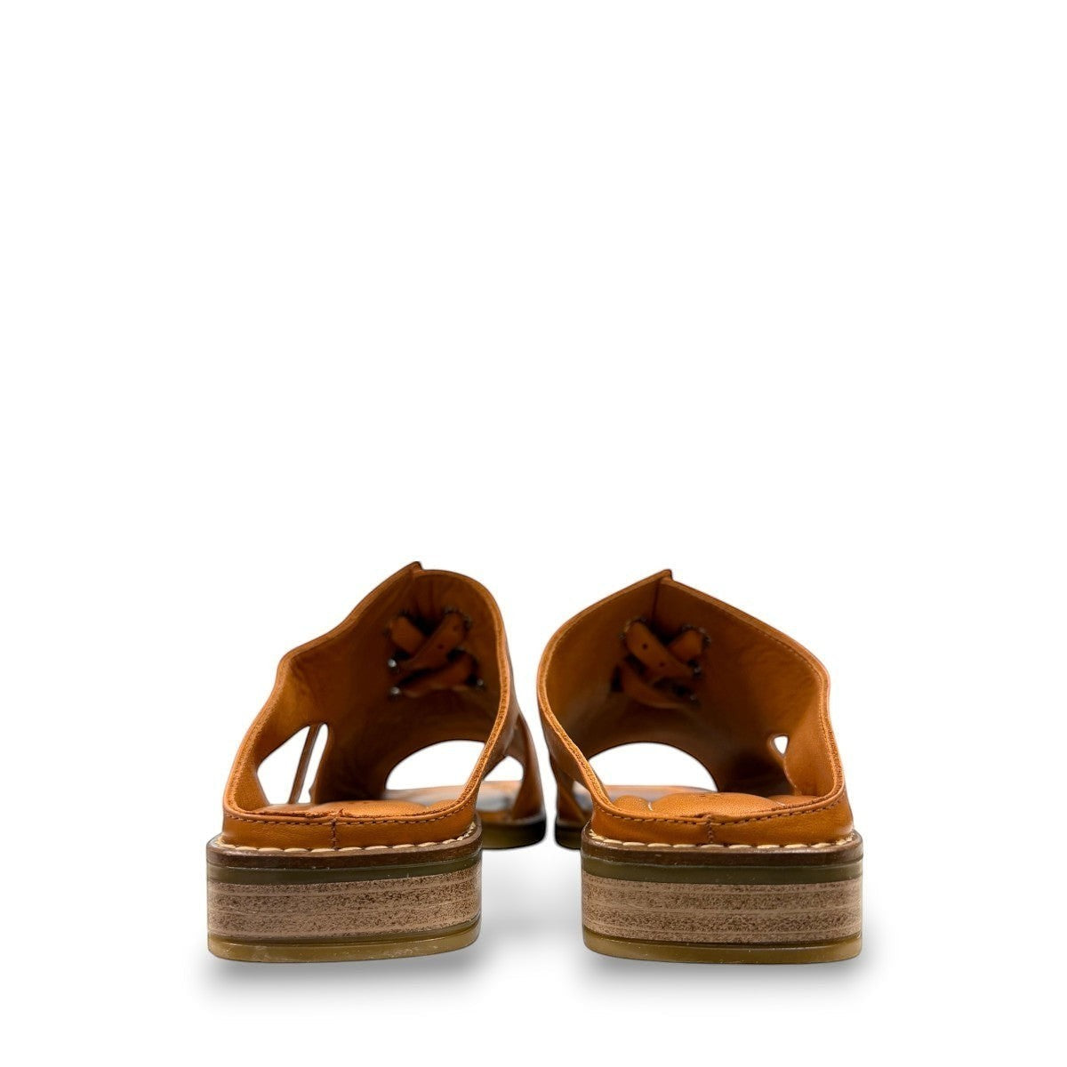 Roamers Whitney backless leather sandals in coconut brown with slip-on design and lace-up detail.
photo of the back side