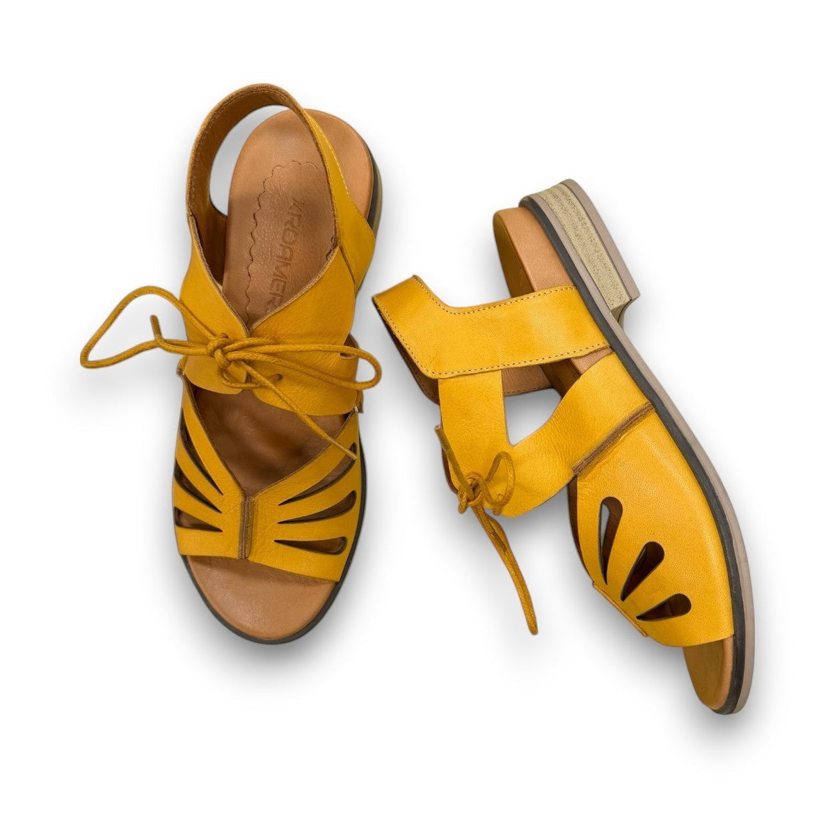 Roamers Vienna yellow leather sandals with lace-up closure, cut-out toe detail, and low block heel.
photo of the top side