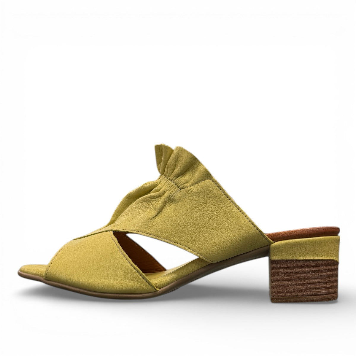 Roamers Zola pistachio green leather slide sandals with a low block heel and gathered strap detail.
photo of the left side