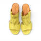 Roamers Zola pistachio green leather slide sandals with a low block heel and gathered strap detail.
photo of the top side