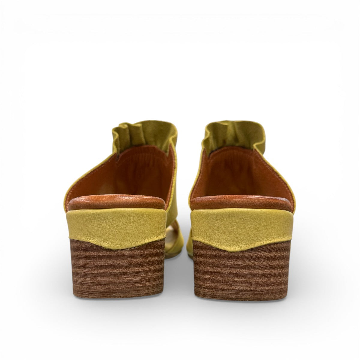 Roamers Zola pistachio green leather slide sandals with a low block heel and gathered strap detail.
photo of the back side