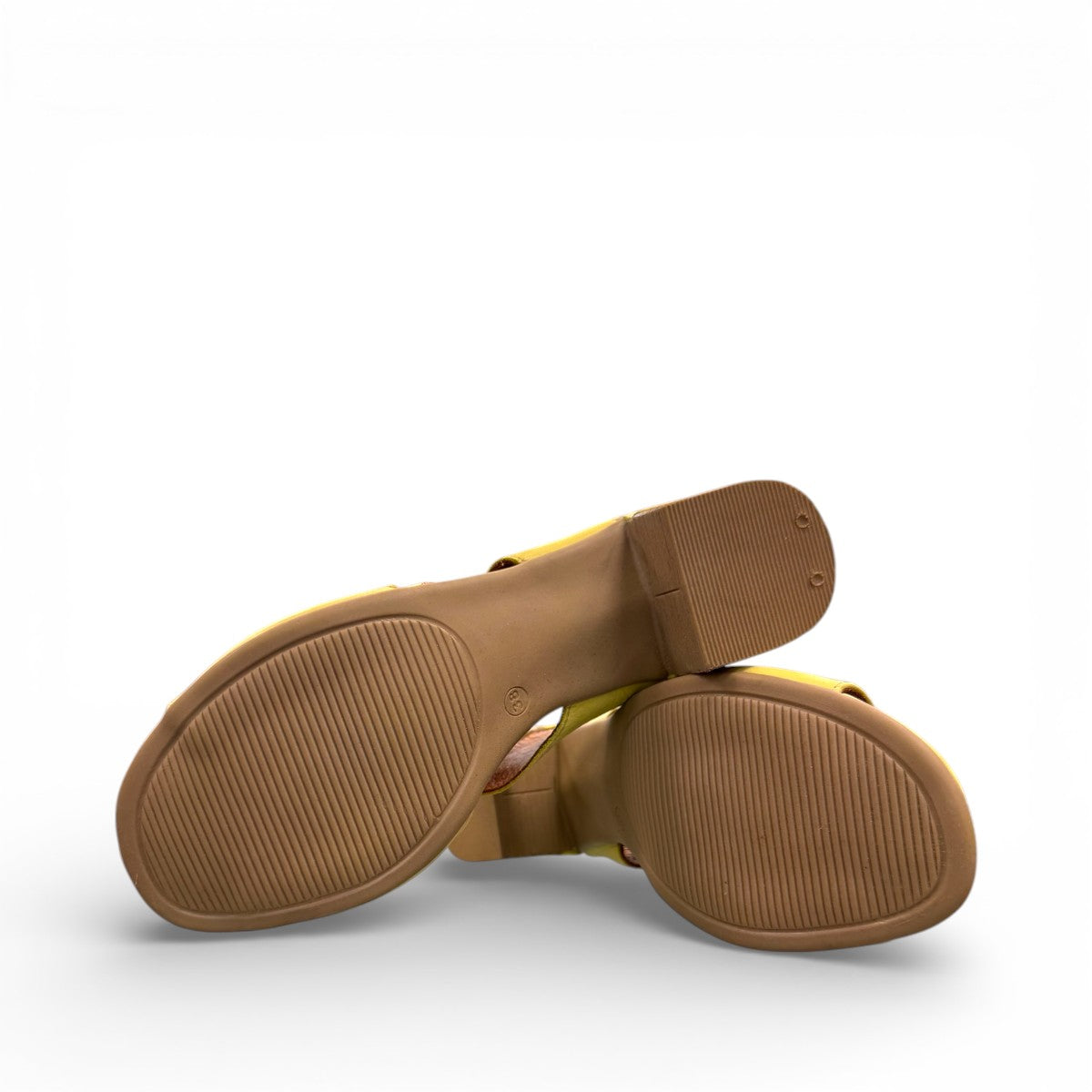 Roamers Zola pistachio green leather slide sandals with a low block heel and gathered strap detail.
photo of the bottom side
