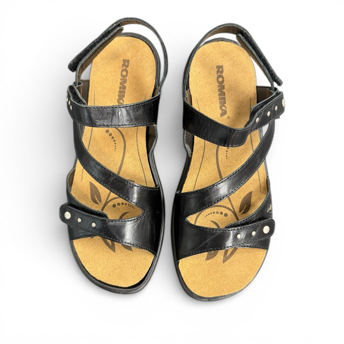 Romika Ibiza 70 black leather sandals with three adjustable hook and loop straps and flexible outsole.
photo of the top side