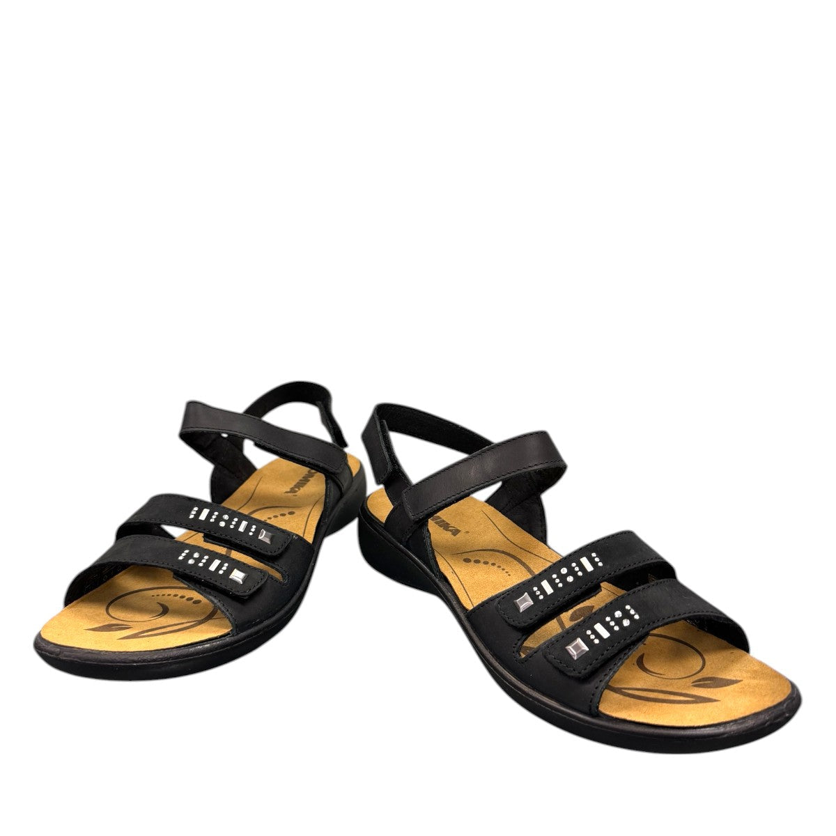 Romika Ibiza black leather sandal with four adjustable hook and loop straps and flexible outsole.
photo of the front side