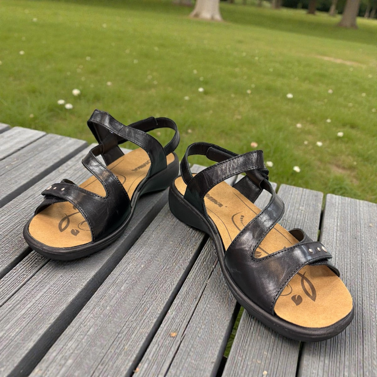 Romika Ibiza 70 black leather sandals with three adjustable hook and loop straps and flexible outsole.
photo of the front side