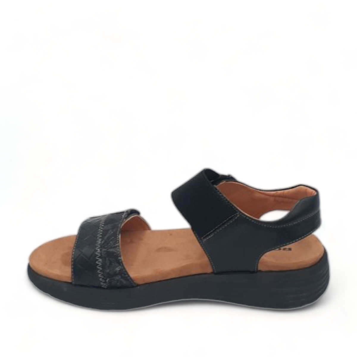 Romika Elise 01 black vegan-friendly walking sandal with adjustable velcro straps and arch support.
photo of the left side