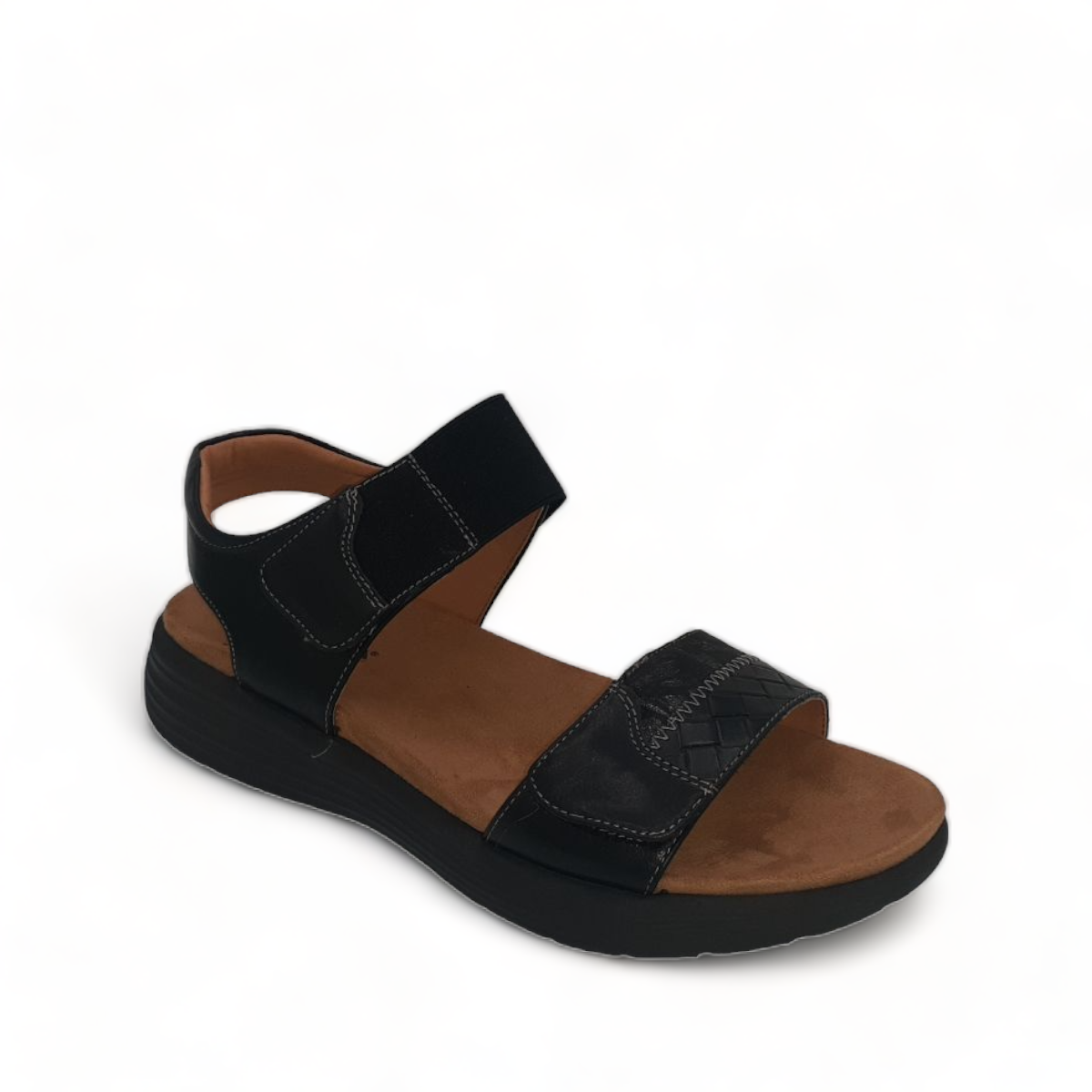 Romika Elise 01 black vegan-friendly walking sandal with adjustable velcro straps and arch support.
photo of the right side
