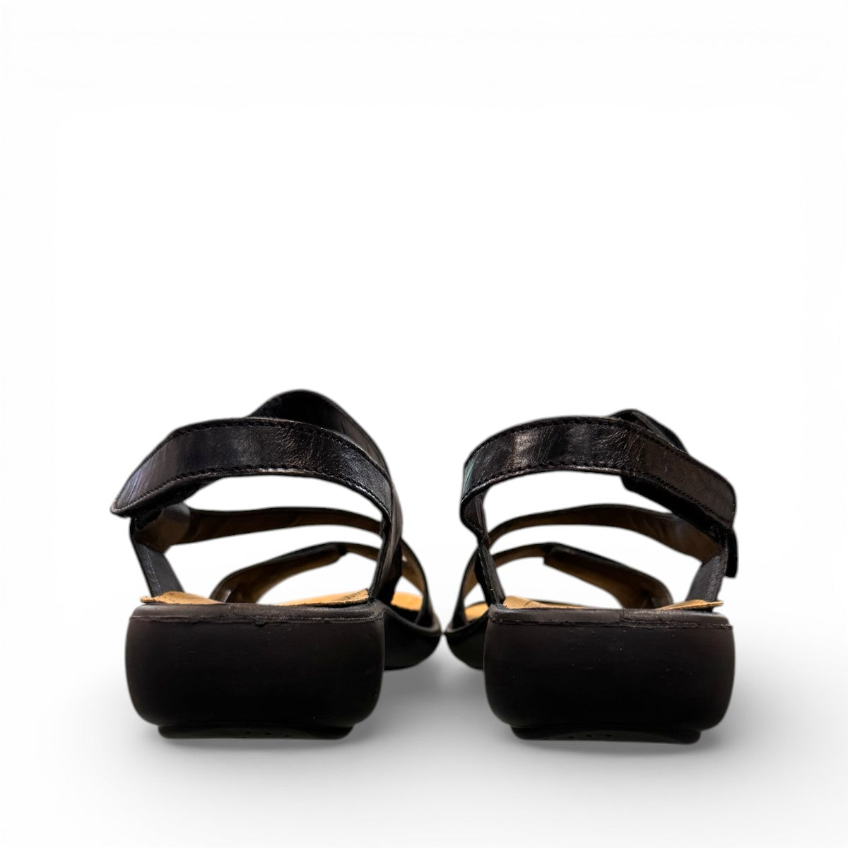 Romika Ibiza 70 black leather sandals with three adjustable hook and loop straps and flexible outsole.
photo of the back side