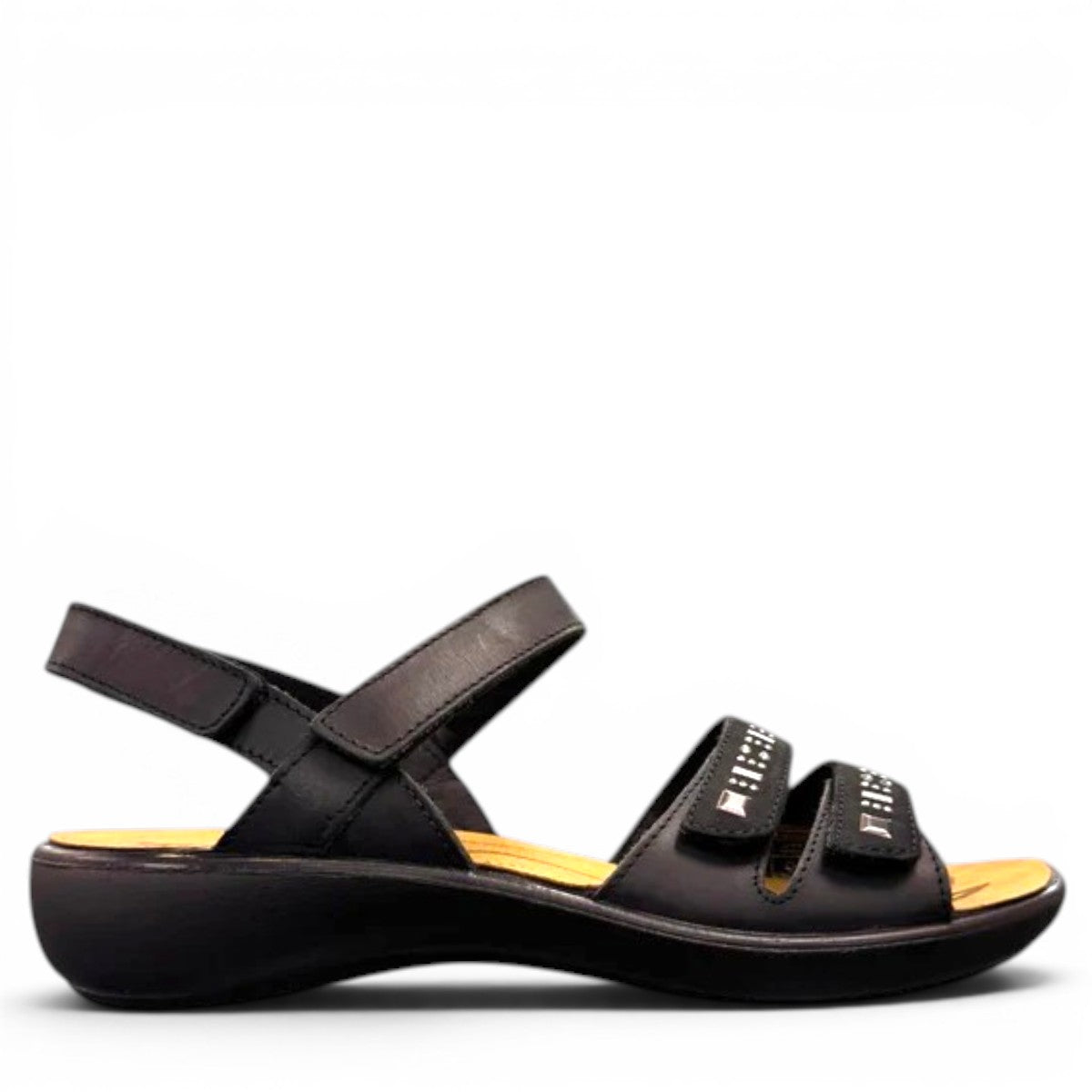 Romika Ibiza black leather sandal with four adjustable hook and loop straps and flexible outsole.
photo of the right side