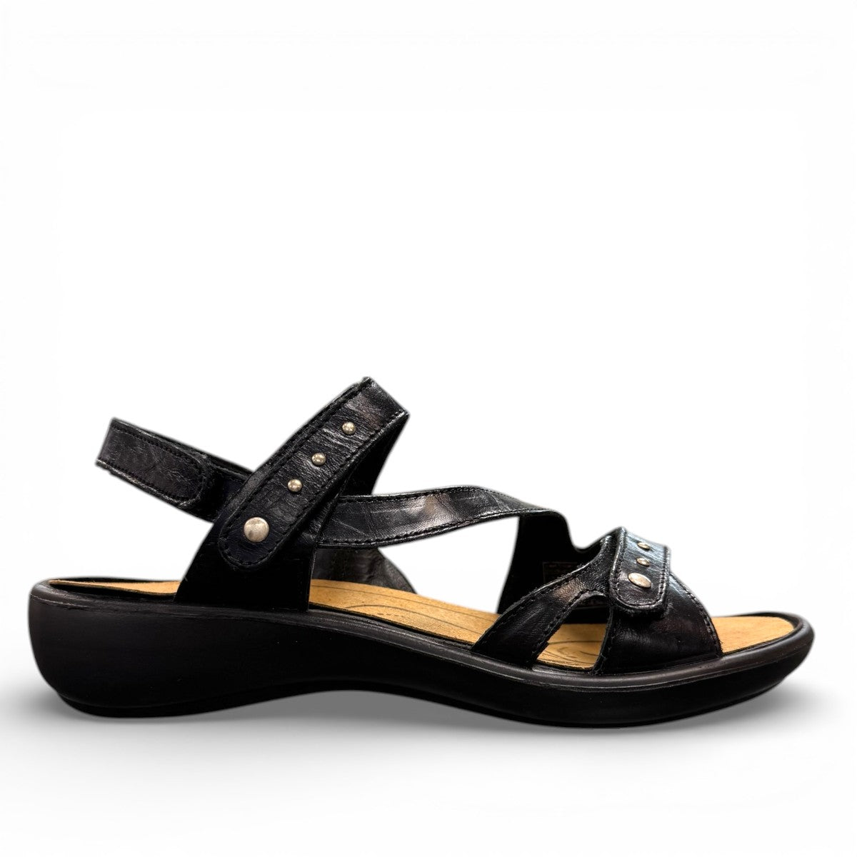 Romika Ibiza 70 black leather sandals with three adjustable hook and loop straps and flexible outsole.
photo of the right side