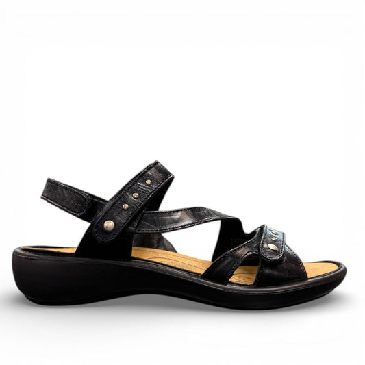 Romika Ibiza 70 black leather sandals with three adjustable hook and loop straps and flexible outsole.
photo of the right side