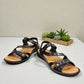 Romika Ibiza 70 black leather sandals with three adjustable hook and loop straps and flexible outsole.
photo of the front side