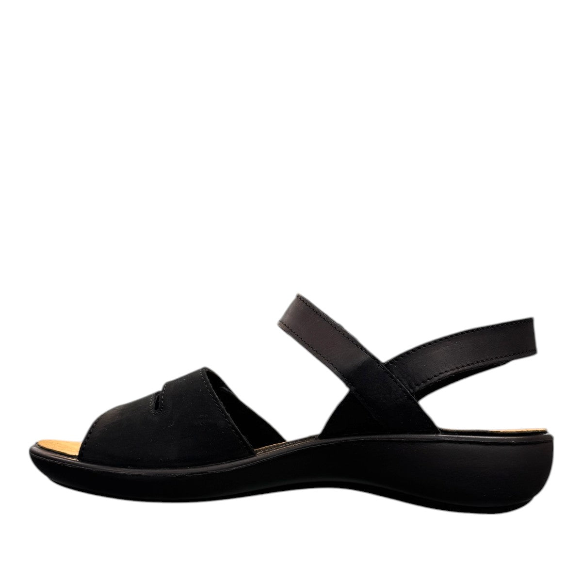 Romika Ibiza black leather sandal with four adjustable hook and loop straps and flexible outsole.
photo of the left side