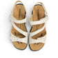 Romika Ibiza 70 white leather sandal with three adjustable hook and loop straps and dark outsole.
photo of the top side