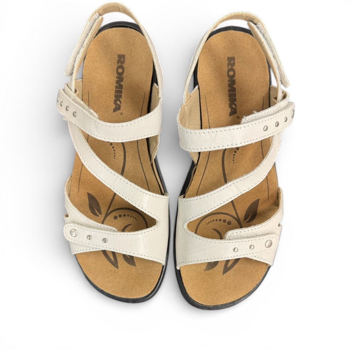 Romika Ibiza 70 white leather sandal with three adjustable hook and loop straps and dark outsole.
photo of the top side