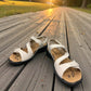 Romika Ibiza 70 white leather sandal with three adjustable hook and loop straps and dark outsole.
photo of the front side