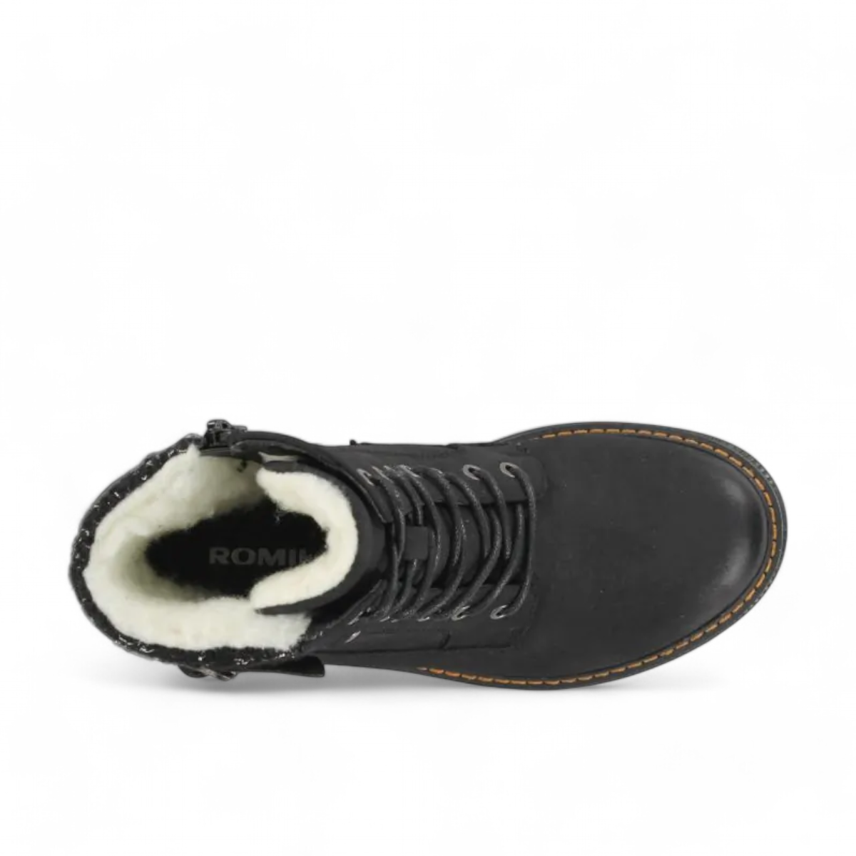Romika Peyton 09 black vegan nubuck waterproof ankle boots with a buckle strap and faux fur lining.
photo of the top side