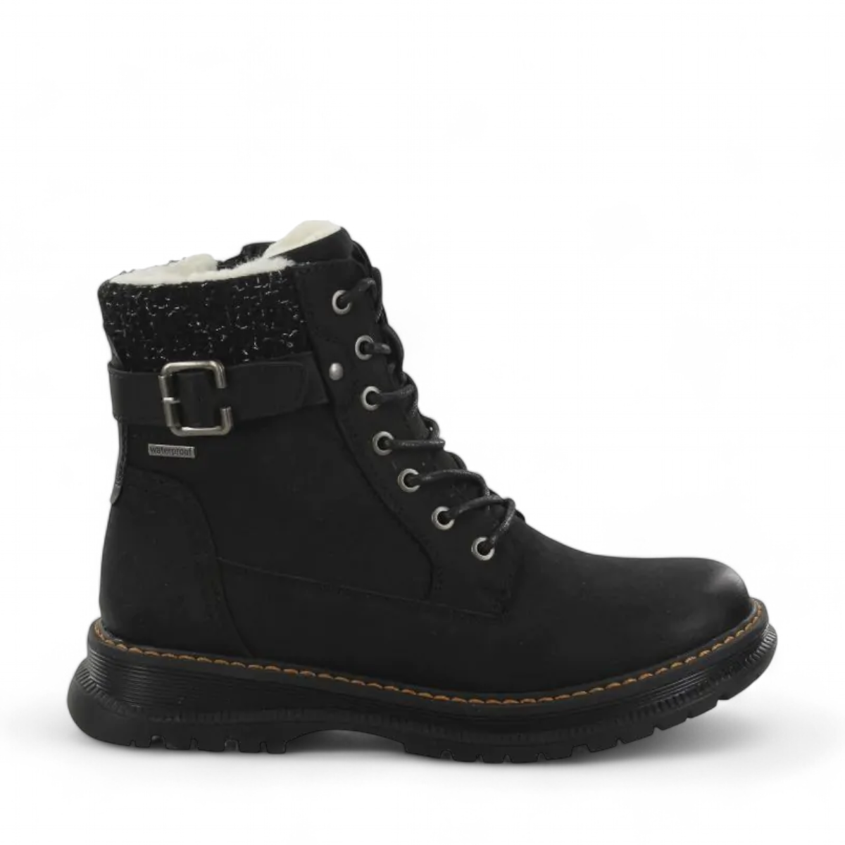 Romika Peyton 09 black vegan nubuck waterproof ankle boots with a buckle strap and faux fur lining.
photo of the right side