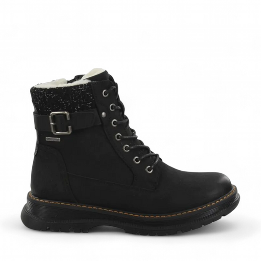 Romika Peyton 09 black vegan nubuck waterproof ankle boots with a buckle strap and faux fur lining.
photo of the right side