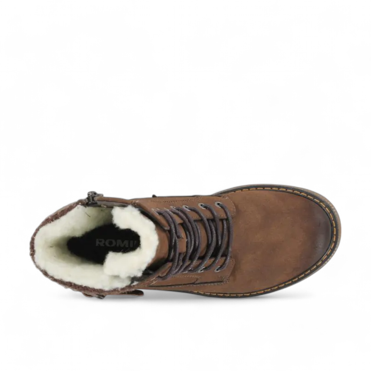 Romika Peyton 09 brown vegan nubuck waterproof lace-up boot with faux fur trim and buckle detail.
photo of the top side