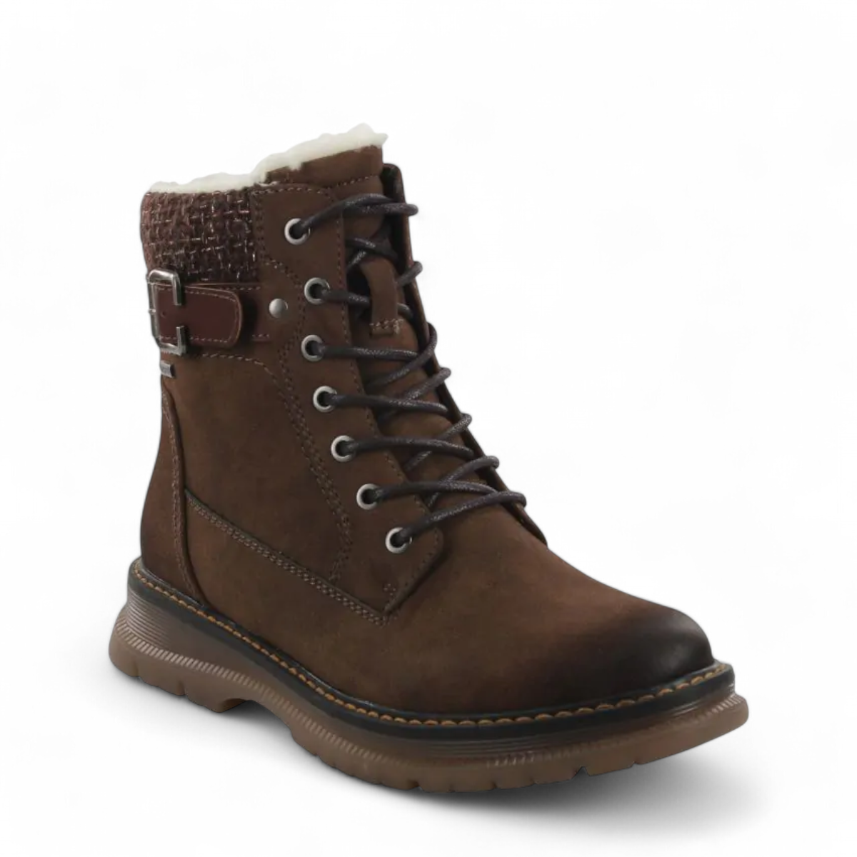 Romika Peyton 09 brown vegan nubuck waterproof lace-up boot with faux fur trim and buckle detail.
photo of the front side