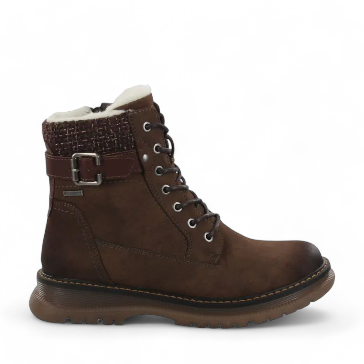 Romika Peyton 09 brown vegan nubuck waterproof lace-up boot with faux fur trim and buckle detail.
photo of the right side