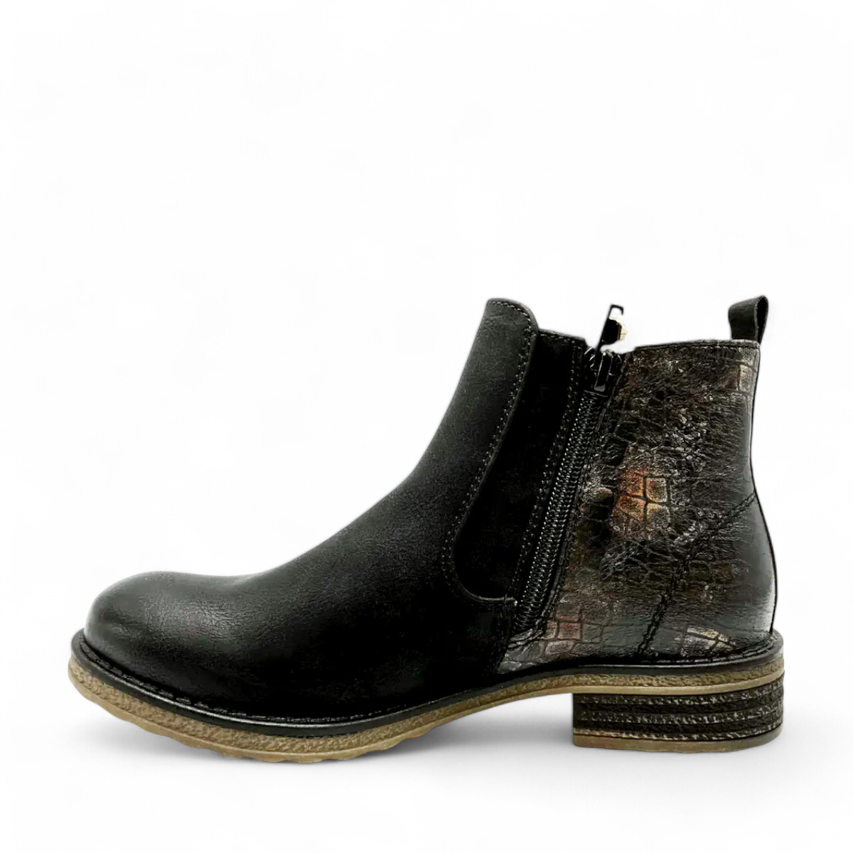 Romika Rachel 01 black waterproof ankle boots with elastic side panels and textured heel detail.
photo of the left side