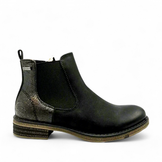 Romika Rachel 01 black waterproof ankle boots with elastic side panels and textured heel detail.
photo of the right side