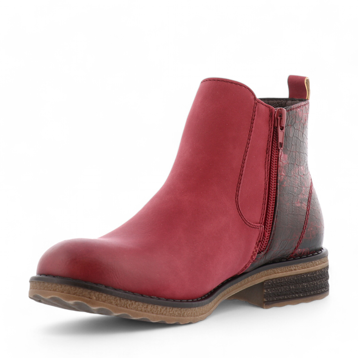 Romika Rachel 01 bordo red waterproof ankle boot with textured heel panel and elastic side gore.
photo of the front side