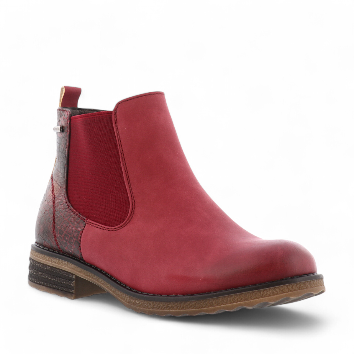 Romika Rachel 01 bordo red waterproof ankle boot with textured heel panel and elastic side gore.
photo of the front side