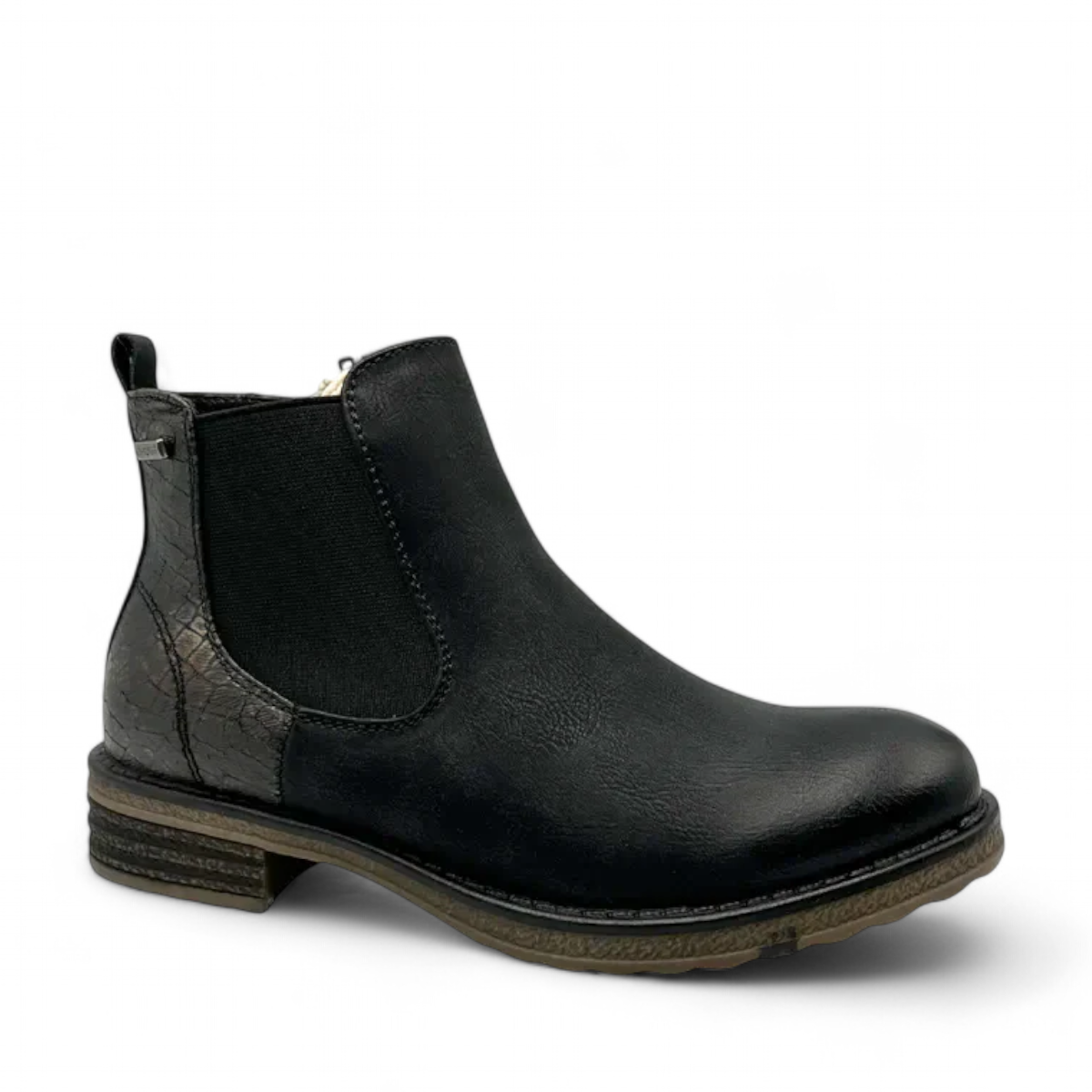 Romika Rachel 01 black waterproof ankle boots with elastic side panels and textured heel detail.
photo of the front side