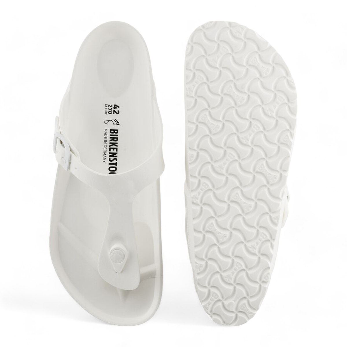 romika roemer 07 white waterproof EVA T-strap sandals with an adjustable buckle and anatomically shaped footbed. 
photo of the bottom side