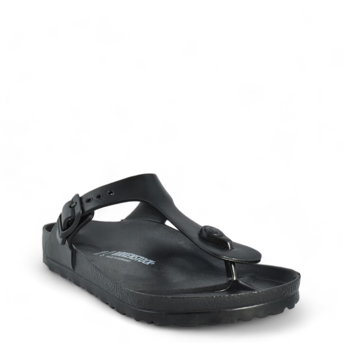 Romika Roemer 07 black EVA waterproof thong sandal with adjustable T-strap buckle and contoured footbed.
photo of the front side