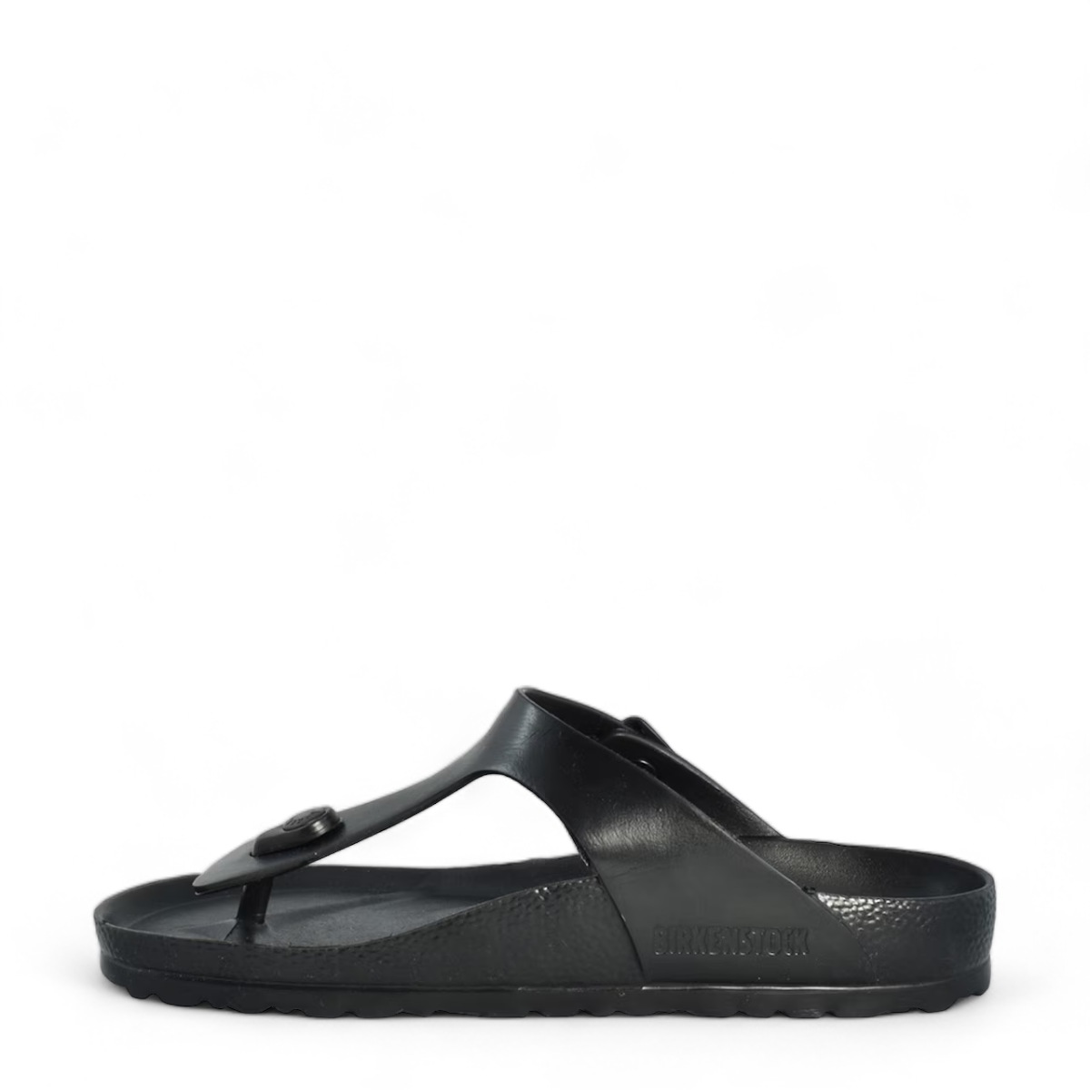 Romika Roemer 07 black EVA waterproof thong sandal with adjustable T-strap buckle and contoured footbed.
photo of the left side