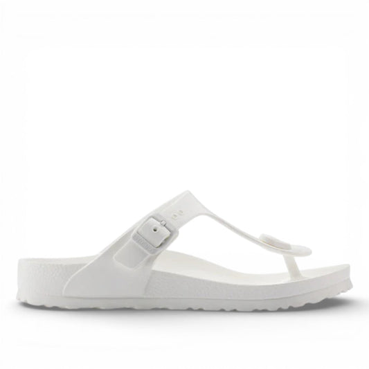 romika roemer 07 white waterproof EVA T-strap sandals with an adjustable buckle and anatomically shaped footbed. 
photo of the right side