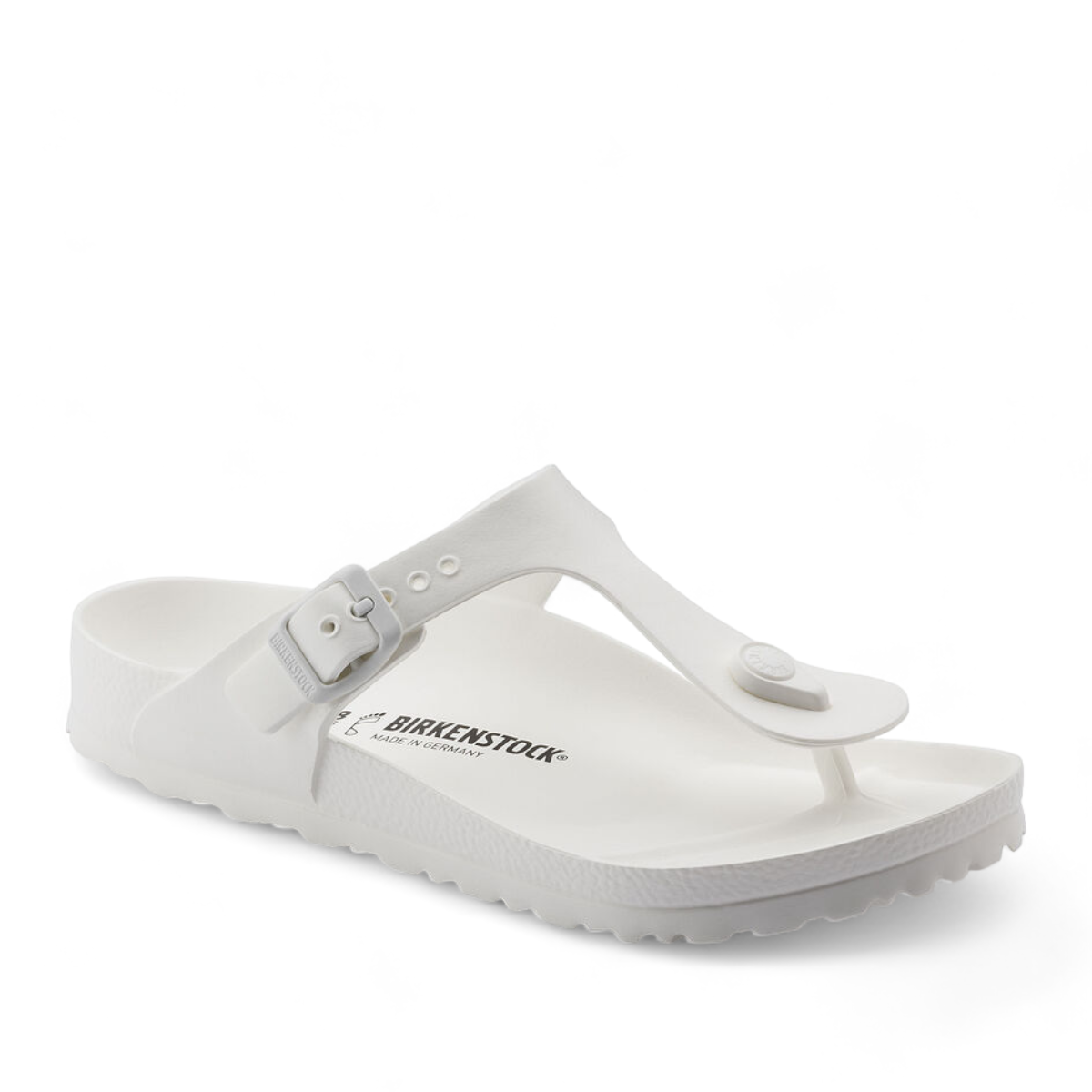 romika roemer 07 white waterproof EVA T-strap sandals with an adjustable buckle and anatomically shaped footbed. 
photo of the front side