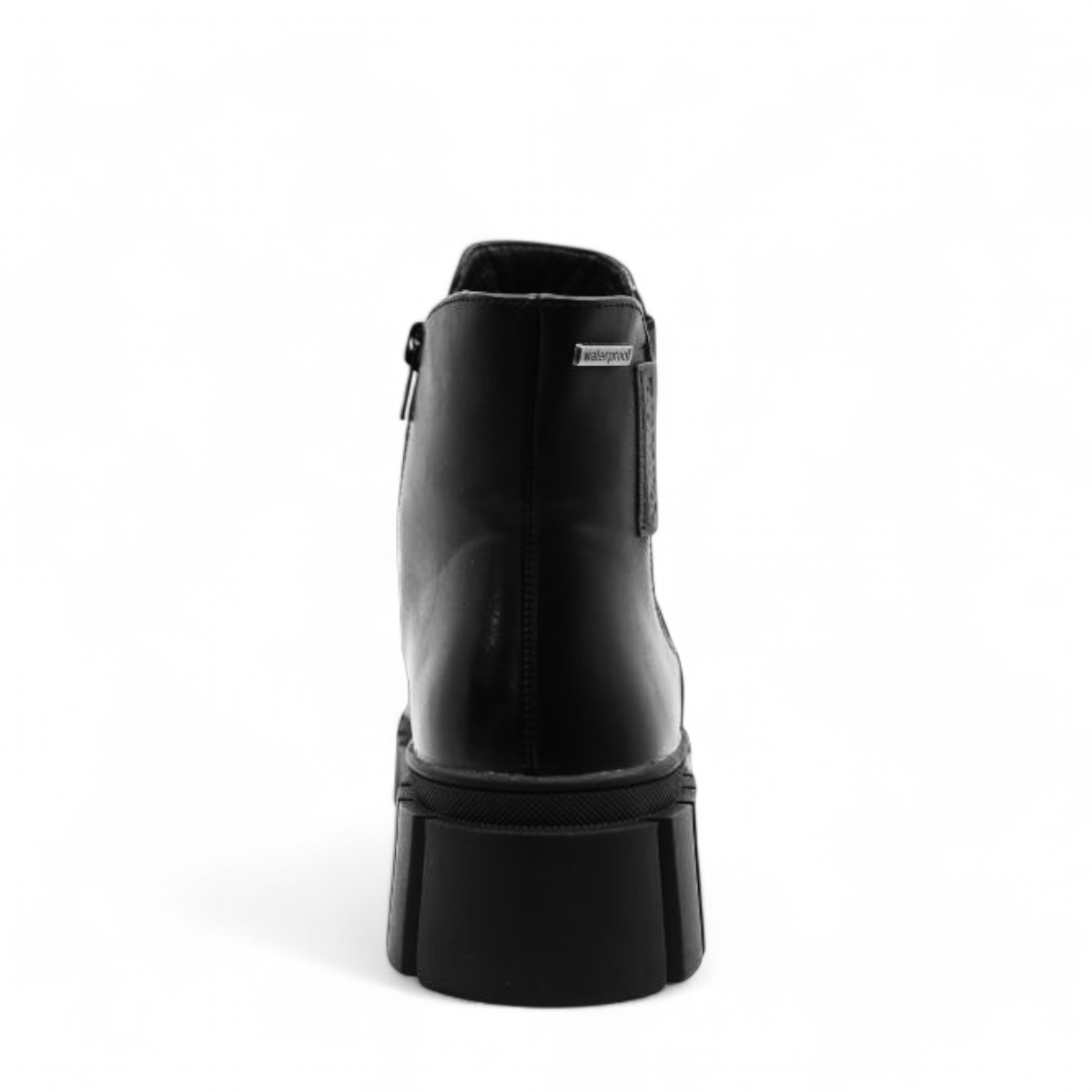 Romika Ruby 01 black vegan leather Chelsea boot with a chunky platform lug sole and elastic side panels.
photo of the back side