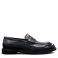Romitan Tondar navy leather slip-on dress shoes with a classic penny loafer design. Photo of right side view.