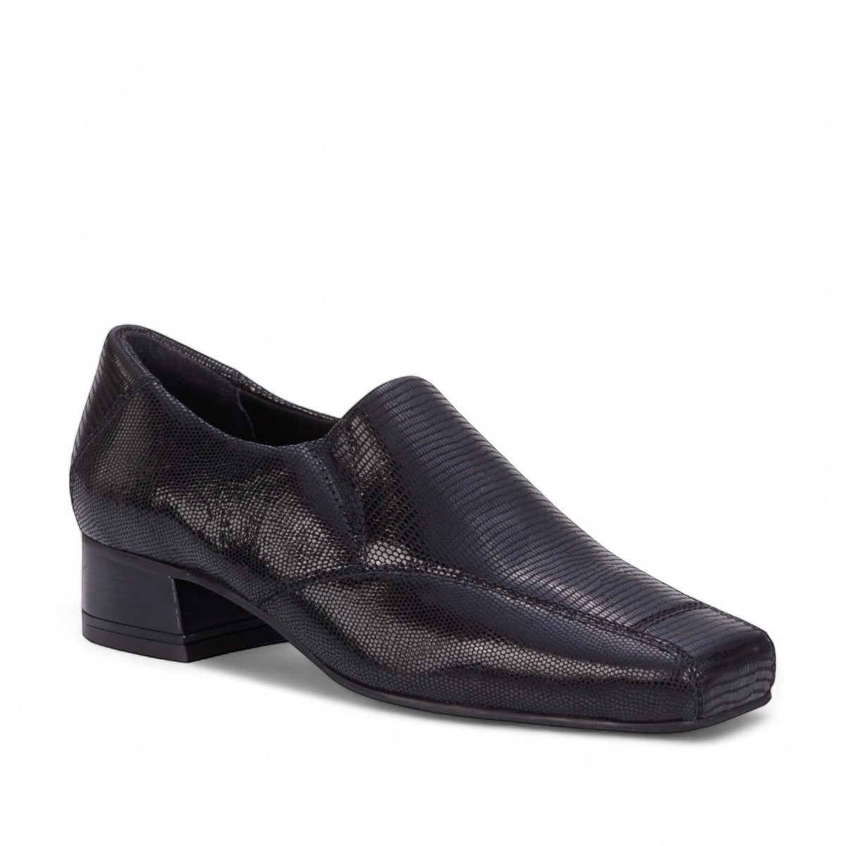 Ros Hommerson Eagan black patent lizard print leather loafer pump with a squared toe and low block heel. photo of the front side