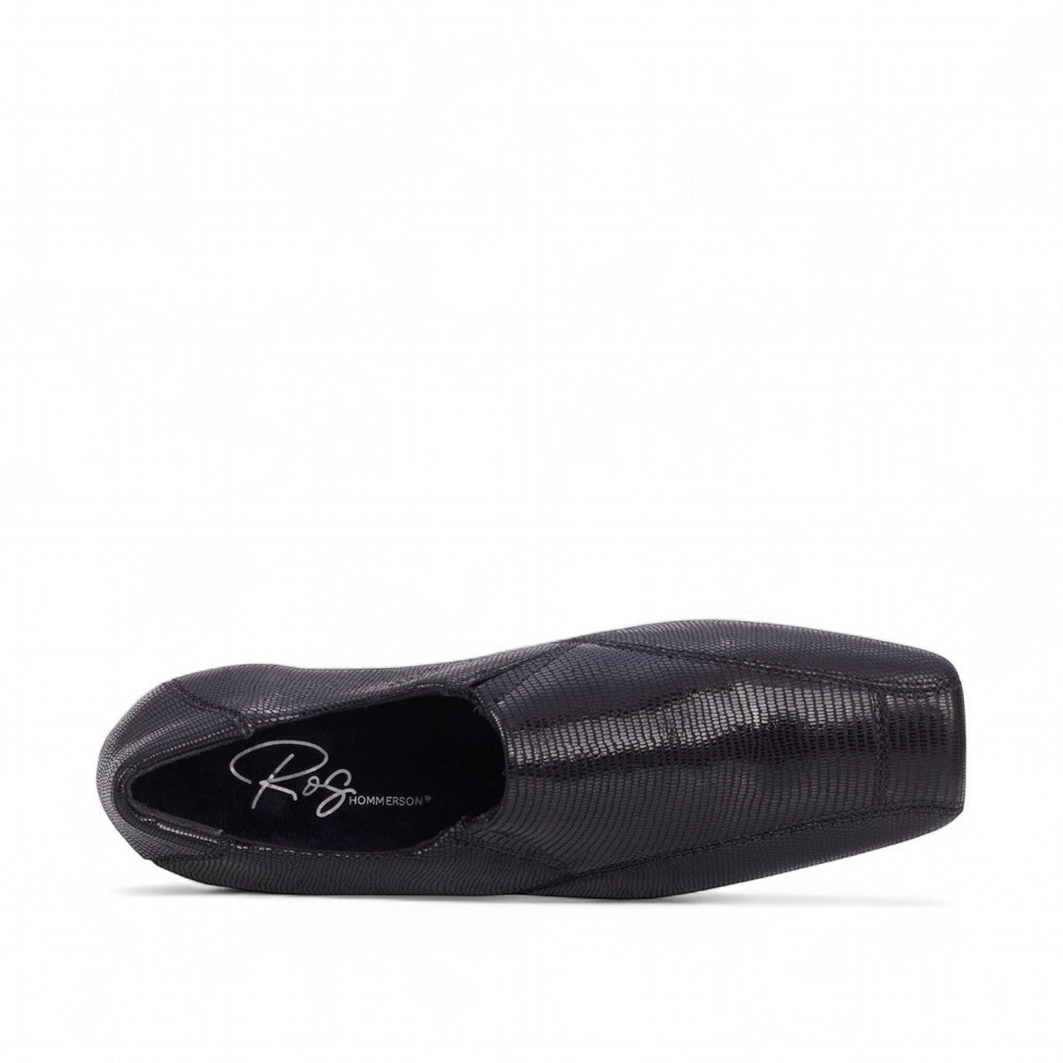 Ros Hommerson Eagan black patent lizard print leather loafer pump with a squared toe and low block heel. photo of the top side