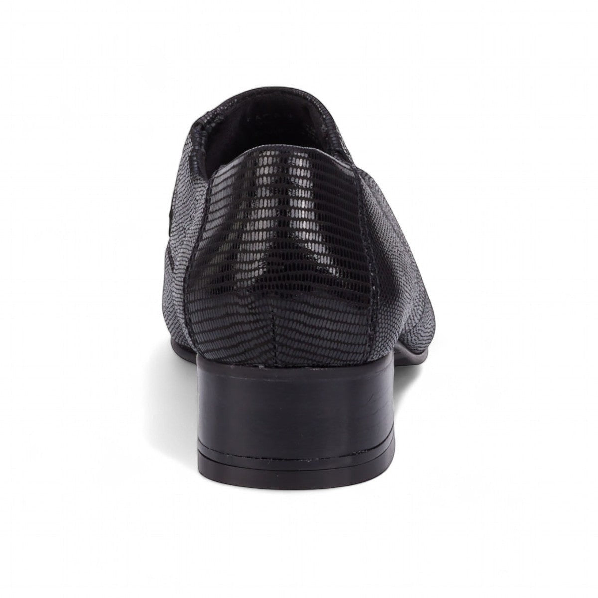 Ros Hommerson Eagan black patent lizard print leather loafer pump with a squared toe and low block heel. photo of the back side